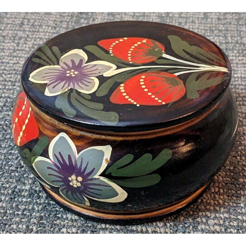 Turned Wood Trinket Box Hand Painted Strawberries & Flowers Round Lidded Black